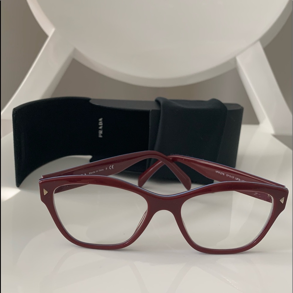 Burgundy with blue stripe Prada glasses